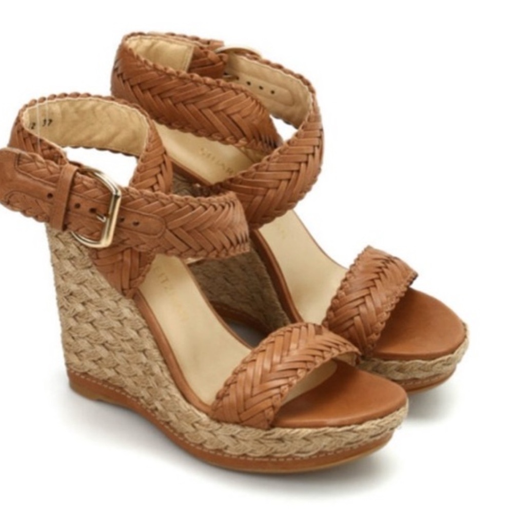 Stuart Weitzman Elixir Tan Braided Wedge Sandals